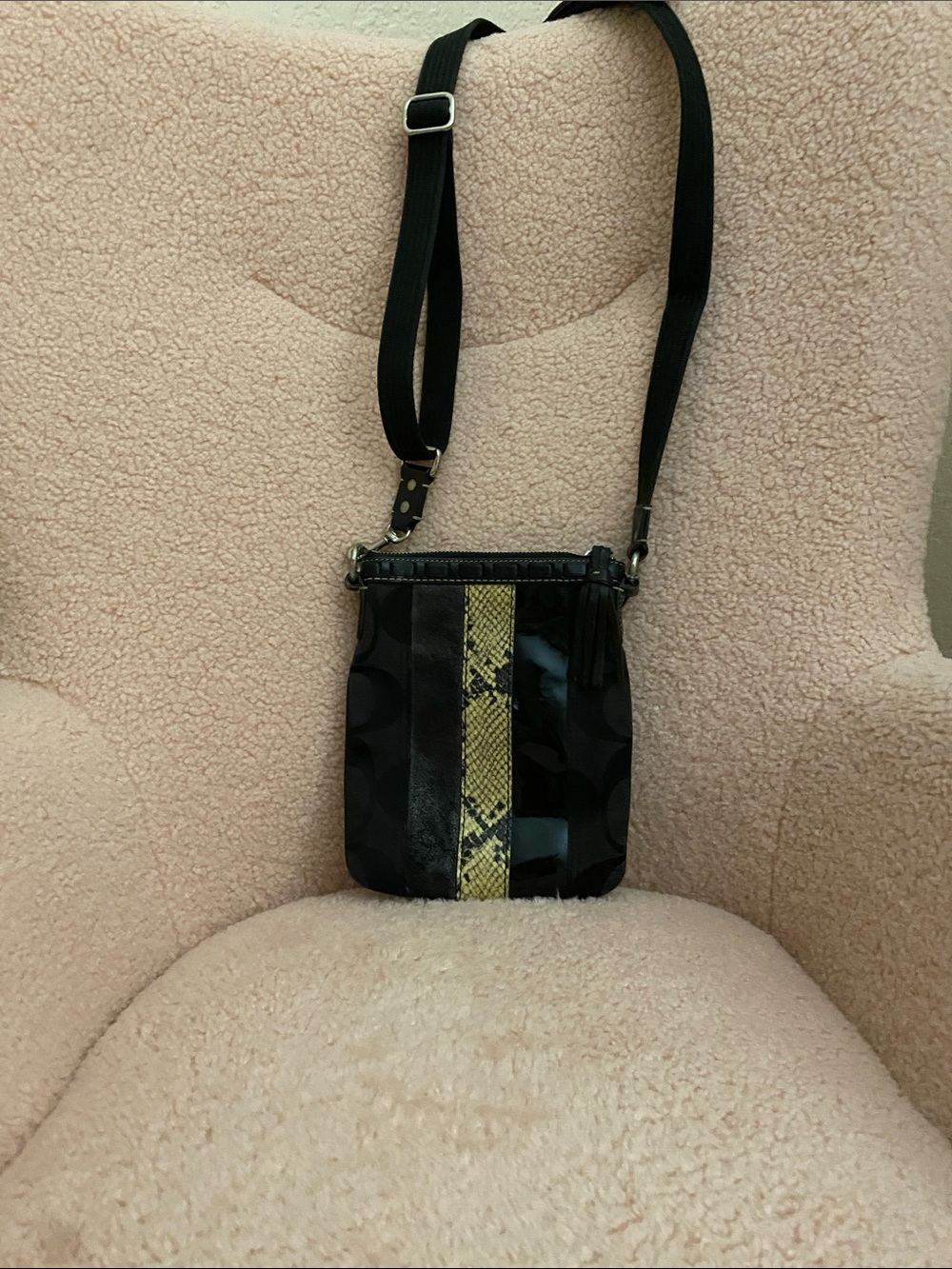 Coach Black Crossbody with Yellow Snake-Print Center Stripe